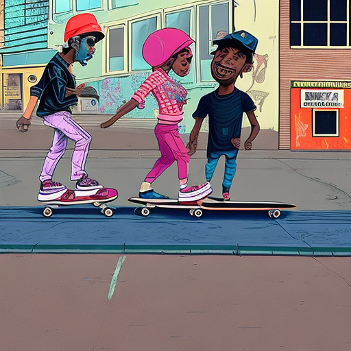 Skateboarding on street by rahi walker, in the style of cartoon-inspired pop, terrorwave, casey weldon, isaiah zagar, anthropomorphism, mhars ravelo, oshare kei