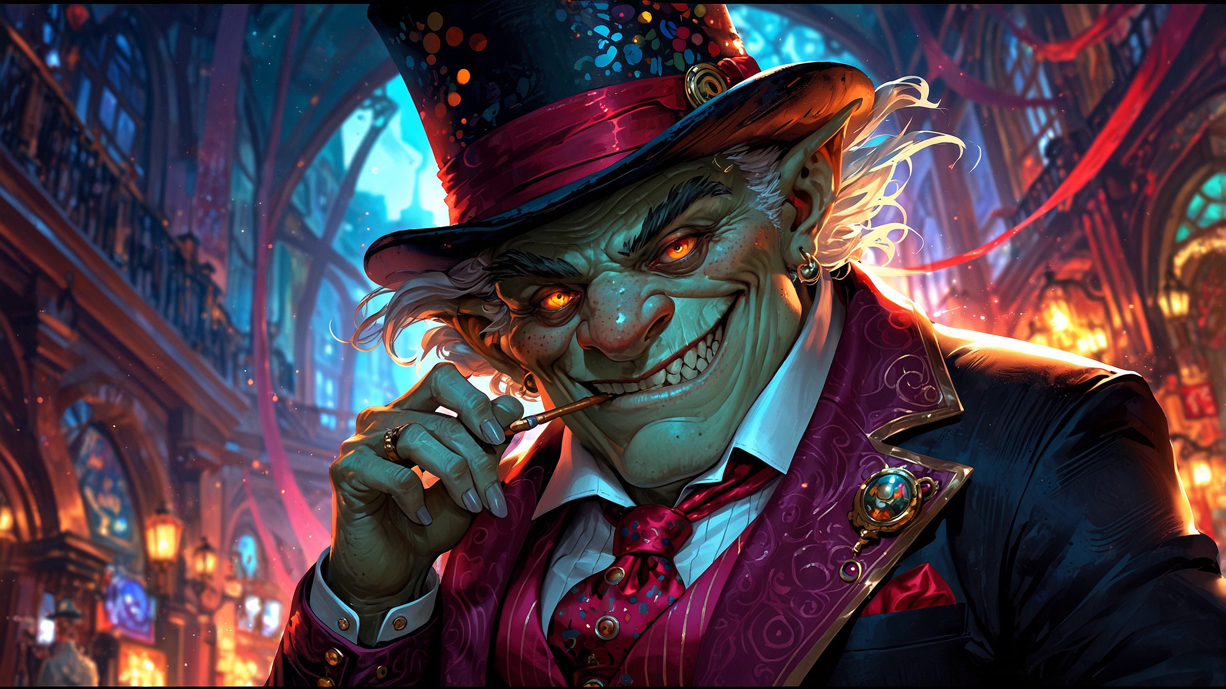 A whimsically eccentric troll, exuding an air of sophistication amidst chaos: with a top hat adorned with mismatched ribbons, a monocle hanging askew, and a tie covered in colorful polka dots. This concept art is a detailed and vibrant painting that captures the troll's essence perfectly. Each intricate detail, from the whimsical attire to the mischievous grin, is rendered with impeccable skill. The image is bursting with life and personality, drawing viewers into a fantastical world where whimsy reigns supreme.