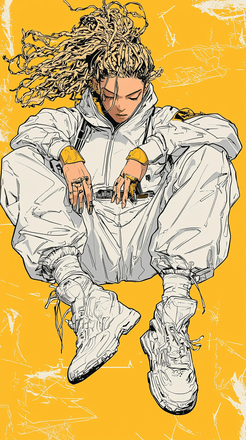 A full body anime style illustration of a woman with blond long hair, in a dynamic pose wearing white techwear outfit in the style of akihiko yoshida, futuristic cyberpunk, inspired by ghost in the shell, 90s manga aesthetic, expressive face, yellow background
