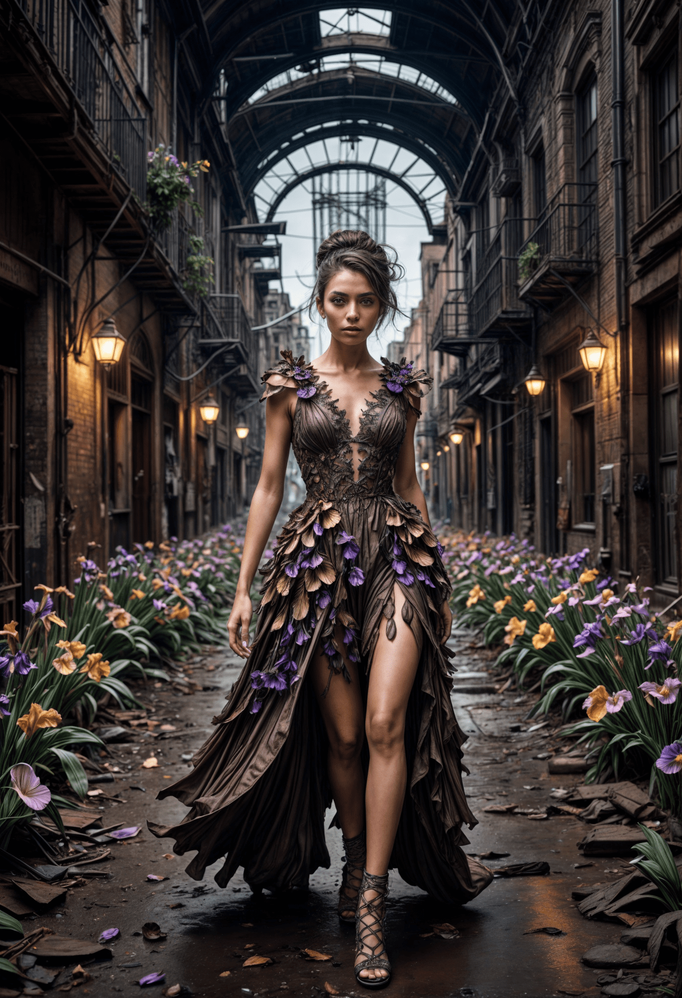 A cinematic photo of a brunette fashion model wearing a magical lilal flower petal-made dress, as she strides confidently through a desolate, dark post-apocalyptic cityscape. ((detailed circular iris, detailed facial expression, symmetrical) ). Capturing the stark juxtaposition of beauty and decay, with the model's flawless skin glowing like a beacon of hope amidst the ravaged urban landscape.