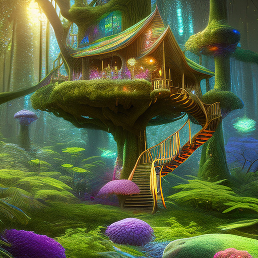 Highly detailed holographic art of a treehouse with a glowing staircase to the house, in the middle of the holographic forest, glowing creatively with some random hologram flowers in the garden, adorned with hologram moss, sci-fi, 3d, highly detailed, octane render,