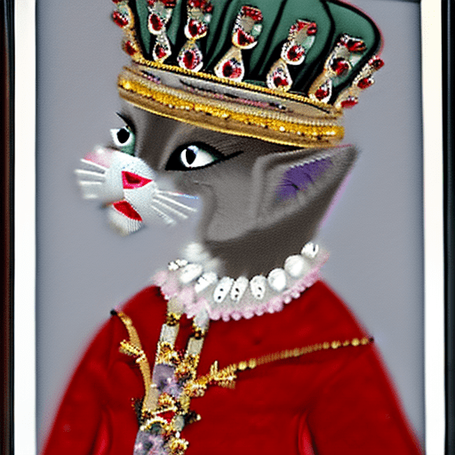 Short haired, gray, tabby cat, anthropomorphic as queen elizabeth ii sitting in formal english library, wearing, wearing, white duchesse silk dress elaborately embroidered with floral emblems, a deep red velvet robe with gold embroidery on edges, elaborate delicate, fantasy detailed diamond tiara. Macro realism, photorealistic