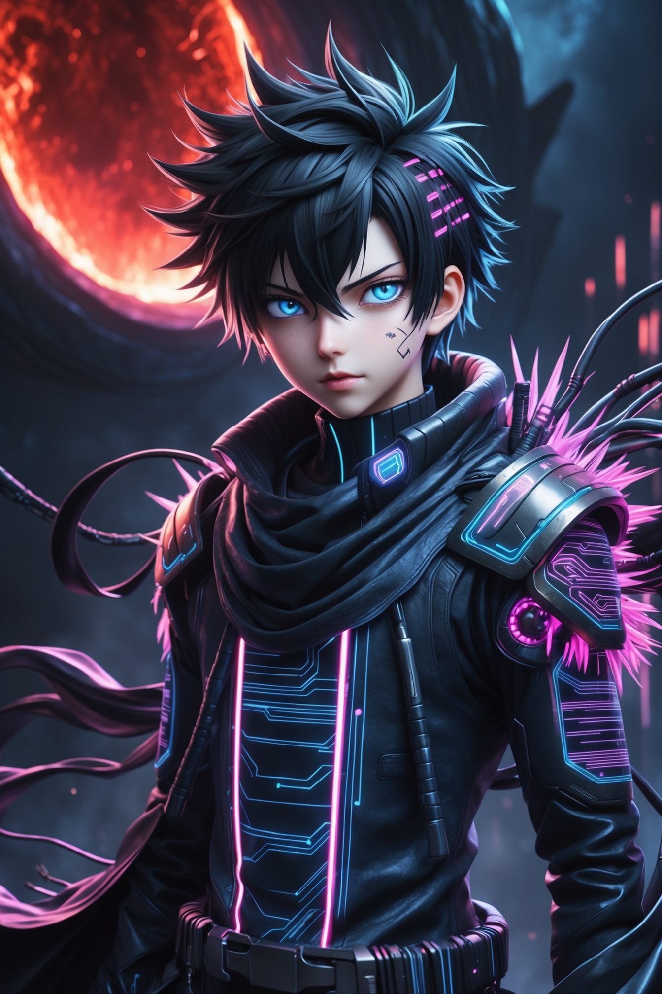 A breathtakingly detailed illustration of an anime boy with an androgynous face, piercing blue eyes, and jet-black hair styled in a messy, spiky fashion, adorned with neon-lit, cybernetic accents, set against a dark, cosmic background with a lava-like glow emanating from the shadows. His urban, techno-inspired outfit is a mesh of dark, metallic fabrics and neon-lit accents, complete with glowing, ultraviolet circuitry patterns that pulse with an otherworldly energy. The overall atmosphere is one of dark, futuristic fantasy, with bold, beaming colors and a sense of high-stakes intensity. The illustration is rendered in a stunning, ultra-high-resolution style, with bold, expressive lines and textures that evoke a sense of dynamic movement and energy. The image is bathed in a vibrant, neon-lit palette, with hues of electric blue, hot pink, and acid green clash and meld with the dark, metallic tones of the outfit and background.