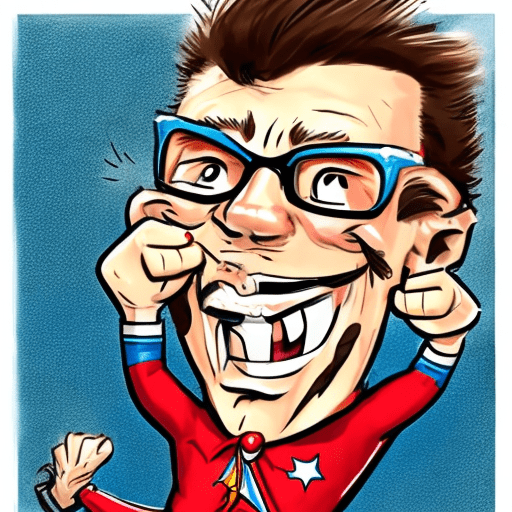 A fun caricature of an ordinary super hero, nerdy, clumsy, laughing, no super powers and an ill fitting costume that makes him look ridiculous.