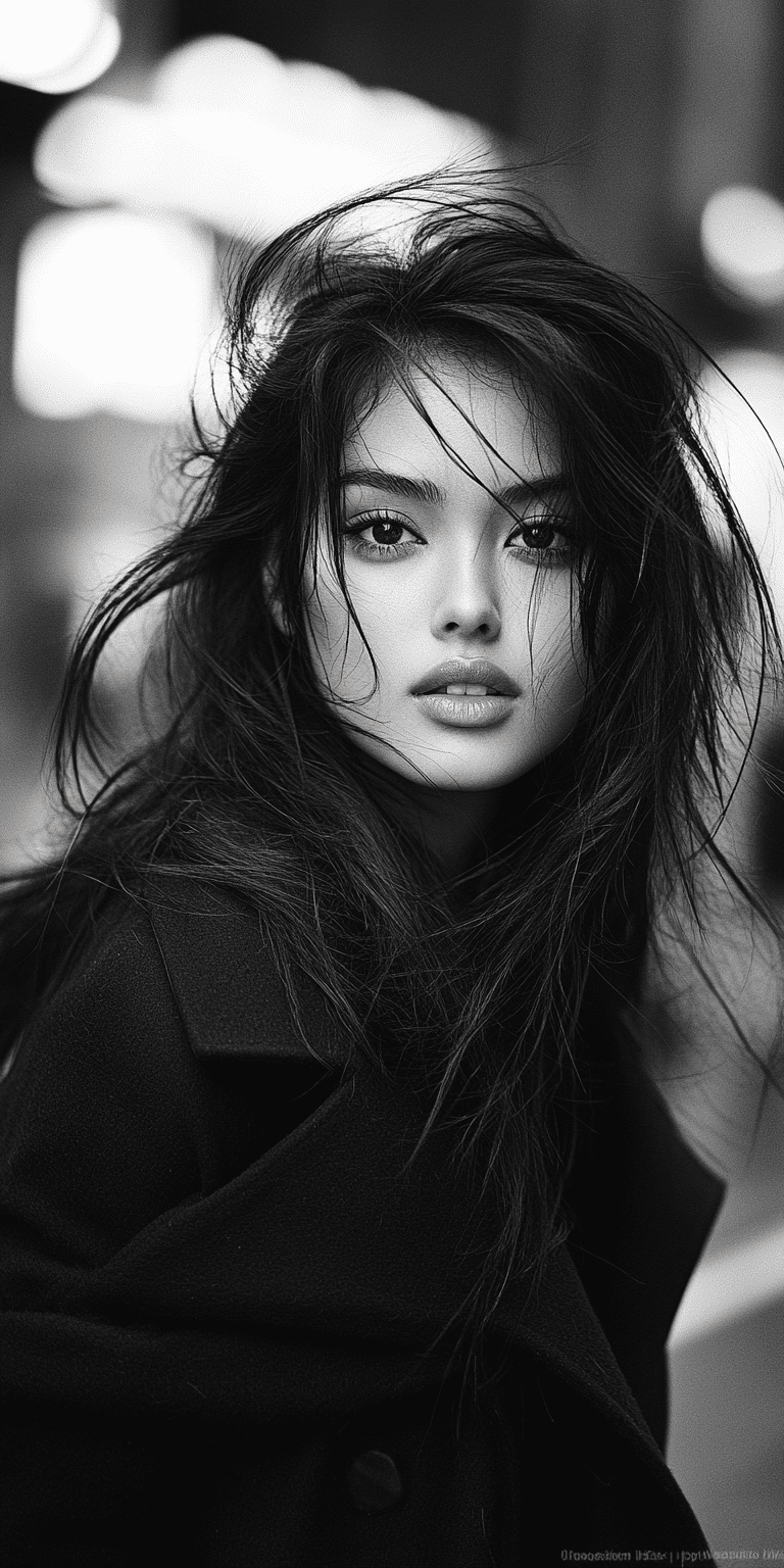 Black-and-white street photography of a beautiful woman with long hair, blurry background, motion blur, high contrast, and high resolution, captured using a large-format film camera, in the style of peter lindbergh --ar 1:2 --personalize 2gwf1qc --stylize 750 --v 6. 1