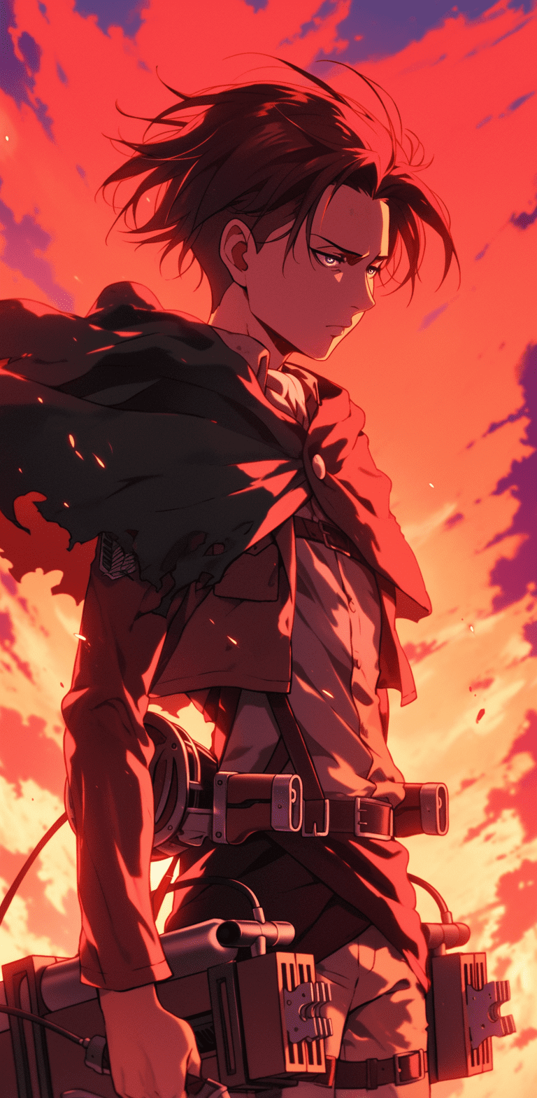 Levi ackerman, attack on titan, action sequence, brown hair, against a foggy background and a sunset, in the style of studio ghibli --ar 63:128 --stylize 750 --niji 6