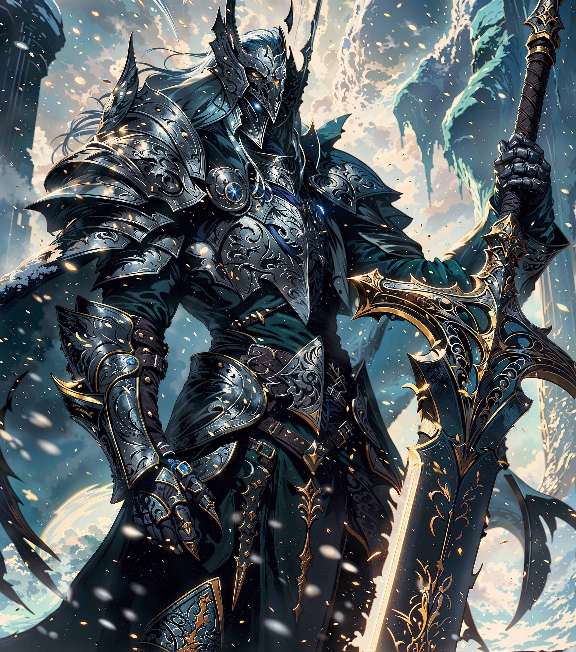 A highly detailed, close-up concept art of a figure gripping a giant sword, rendered in the style of fantasy art by yang j. The character exudes the ominous presence of a lich king combined with the formidable strength of he-man, yet shrouded in a dark and mysterious manner. The illustration is an epic full-color splash screen art, portraying a cyborg necromancer with a haunting aura. The figure's appearance merges elements of a fallen knight, wraith, and overlord, reminiscent of the dark themes found in dark souls and world of warcraft. The scene is richly detailed, blending the atmospheric styles of bussiere, rutkowski, and andreas rocha, resulting in a striking and haunting anime-inspired piece.