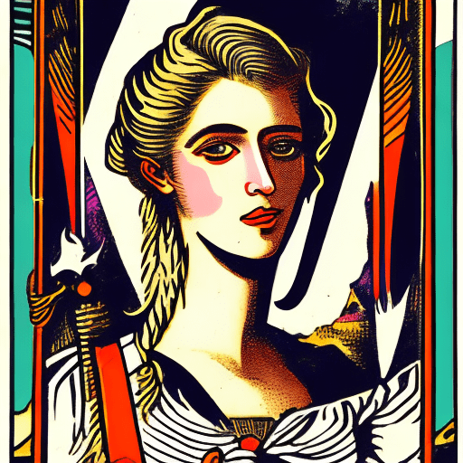 Illustration of a [white woman] with [half light blonde and half dark brown hair]. [her hair is shoulder length]. In buccaneers style. Tarot card. Background [vintage]. Cores [neon]. Screen printing artifacts. Messy lines and cores. --ar 2:3 --v 6