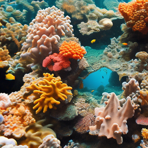 The underwater world is teeming with fascinating coral formations and other aquatic life, throughout the ocean, coral reefs emit soft, ethereal light, features coral-inspired architecture,