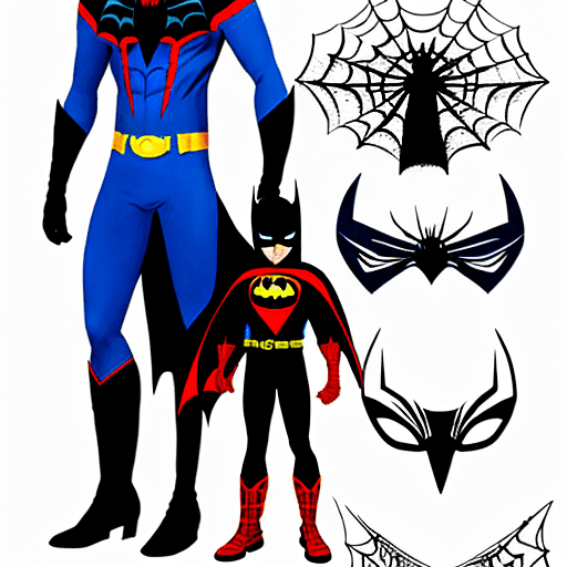 Create a character that merges batman and spider-man. His silhouette is somewhere between the two heroes. His costume is mainly crimson, with midnight-blue spider-web motifs. He wears crimson boots and long gloves that fade to black. The forearms and boots are inspired by those of batman. His mask is similar to spider-man's, but in midnight blue, with crimson spider-web motifs. The mouth is visible, as with batman. The mask's lenses are yellow-orange and shaped like those of batman. He wears a supple black metal cape, adorned with golden spiderweb motifs, and a black hood grading to crimson with batman ears. This hybrid character combines the grace of spider-man with the dark sophistication of batman, ready to move between light and shadow.