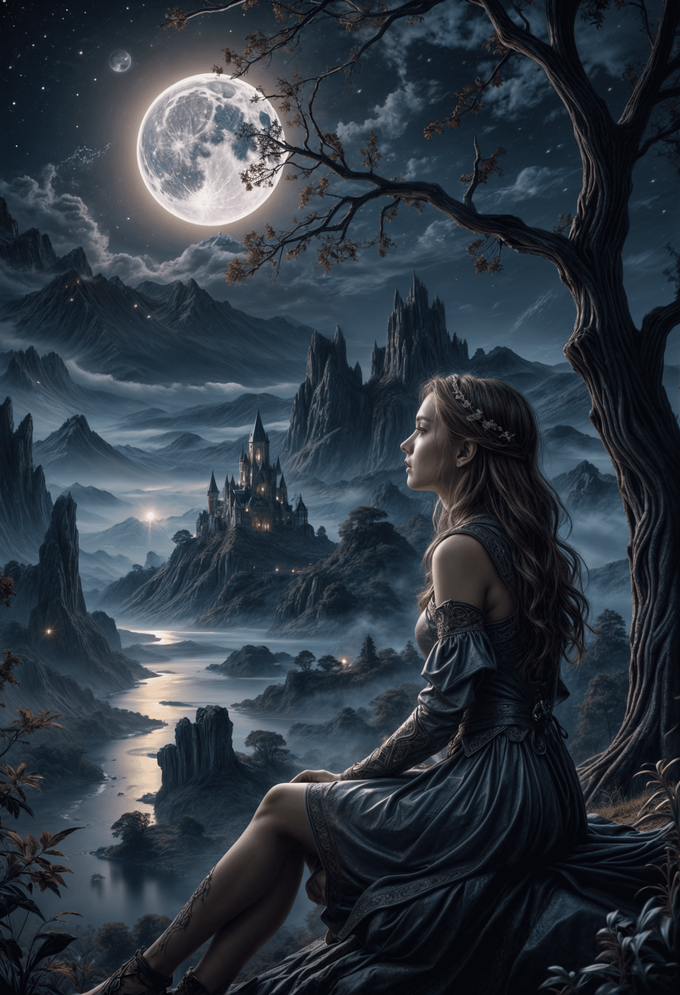 A dream from a woman in a long dress sits beneath a full moon, her back to us, on a tree branch by a river.