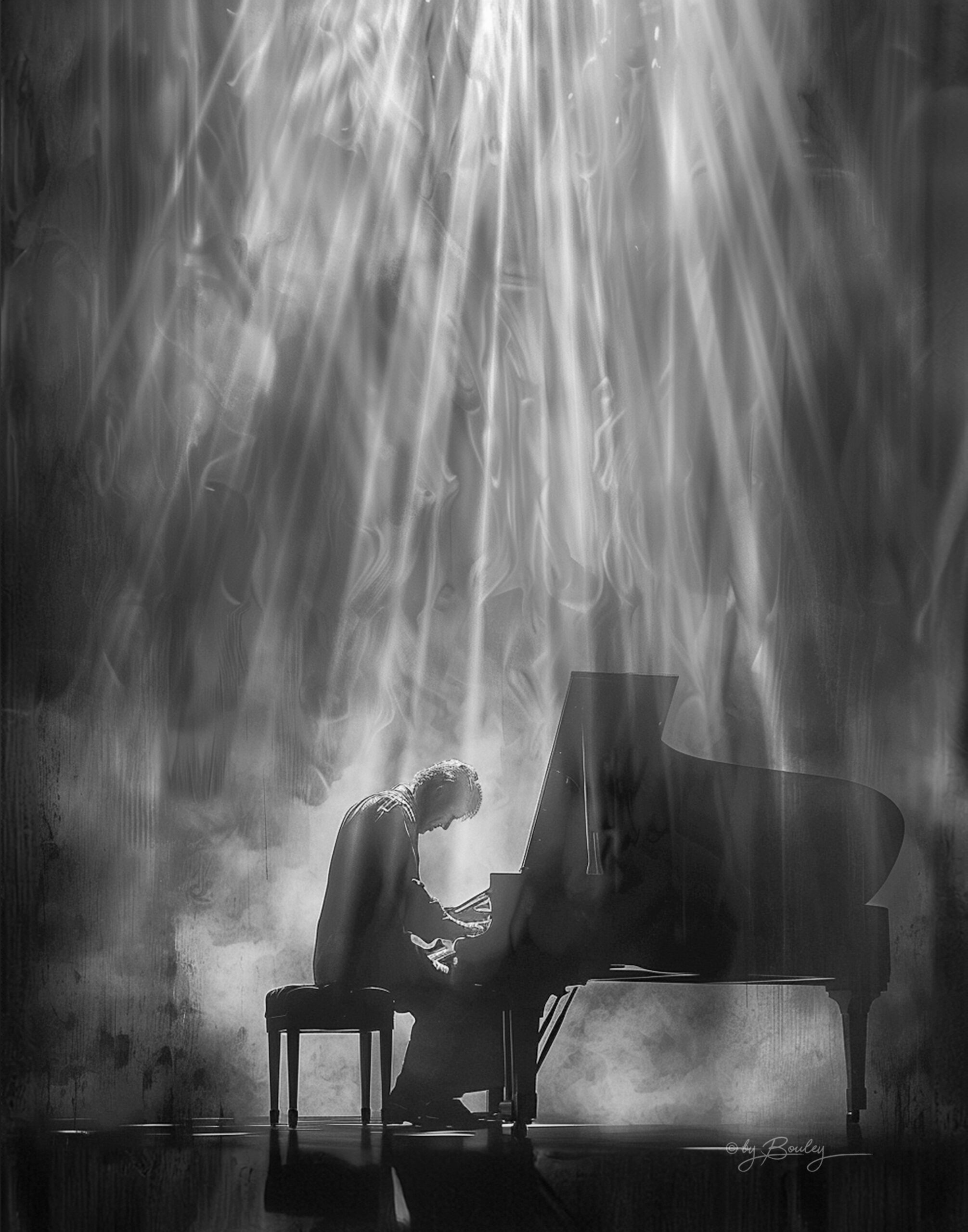 Pianist in a sharp beam of light on a stage. Realistic style, --ar 4:5 --personalize y3gj6qa --v 6