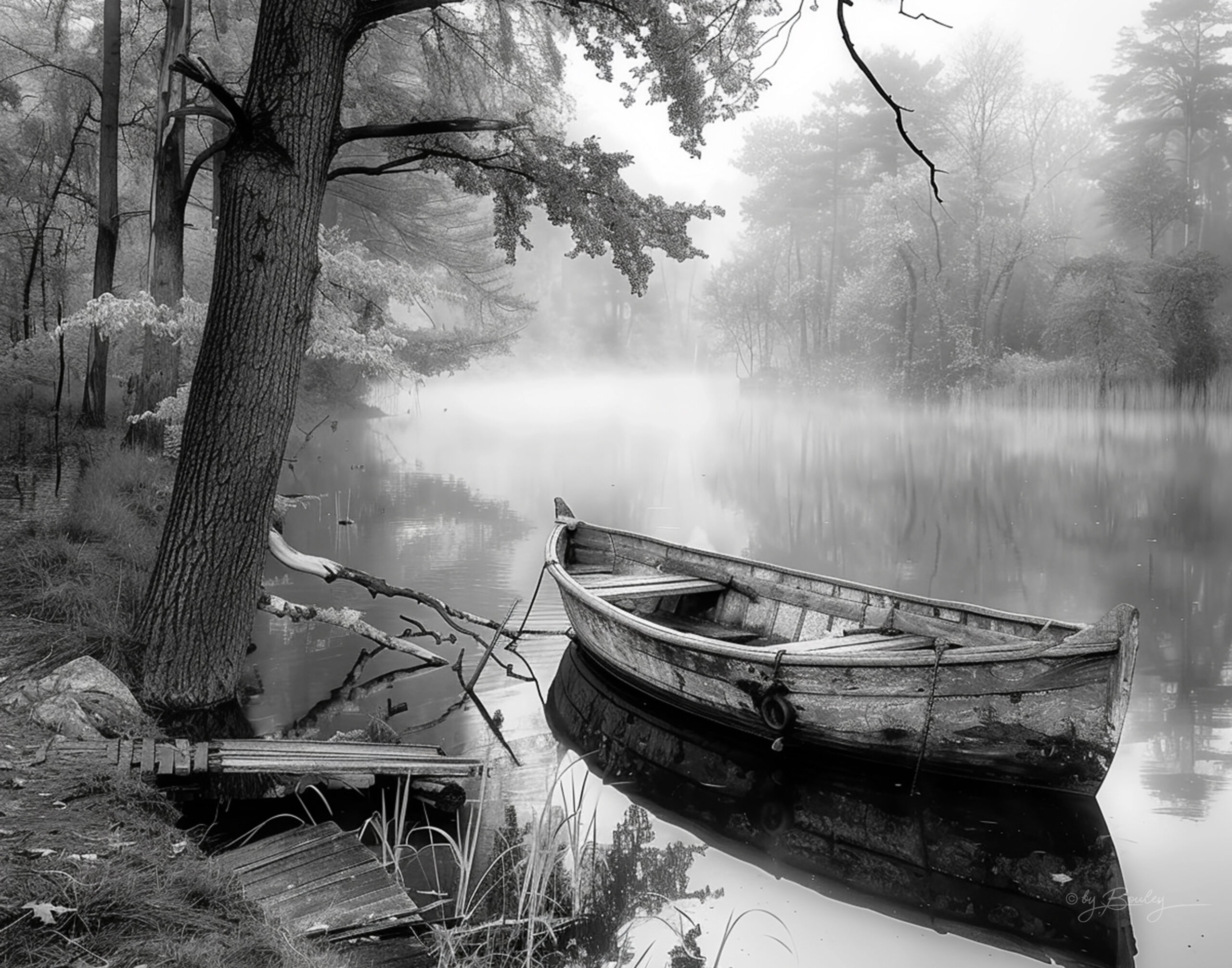 Black and white of a serene lakeside scene at dawn, with mist gently rising from the water. The lake is surrounded by trees, their reflections mirrored in the water. A rowboat is tied to a rickety dock. High detail, high-resolution, high contrast, capturing the textures of the trees, water, and mist. In the artistic style of ansel adams, --ar 5:4 --personalize dv6udsf --v 6