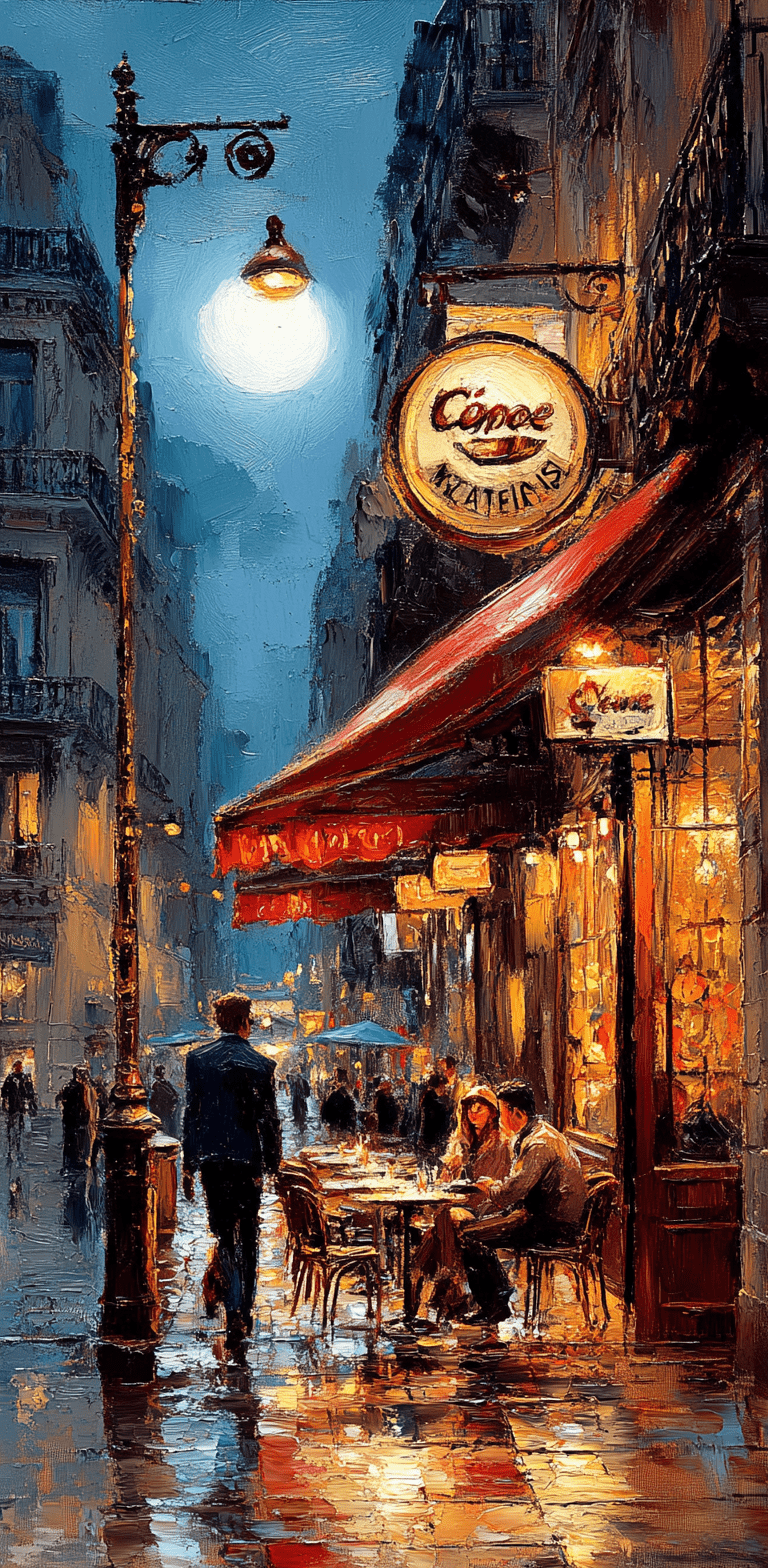 Oil painting of night street with cafe in the style of sargent, lights, people walking around, bright moonlight, low angle, expressive brushstrokes, detailed background to add depth, detailed --ar 63:128 --personalize 2gwf1qc --stylize 750 --v 6. 1