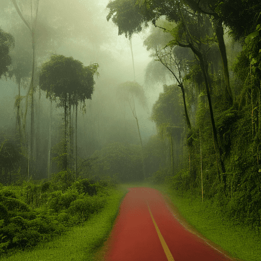 The sky with a faint reddish hue, casting an eerie, otherworldly glow over the jungle, the colors appear more muted and surreal, the lush greenery of the jungle covered in a thin layer of dust, giving the plants and trees a reddish tint, the contrast between the vibrant green and the red tones, the road, with dirt and advanced materials, a dusty red path winding through the jungle, the dust settle on the road, swirling patterns in the sky, the road is narrow and winding, cutting through the dense jungle, it is flanked by thick vegetation on both sides, with overhanging branches and vines that create a tunnel-like effect, the surface of the road is uneven, composed of dirt and gravel, with numerous potholes and patches of mud, the jungle encroaches on the road, with roots and plants often spilling onto the path, the road is frequently shrouded in shadows due to the dense canopy above,