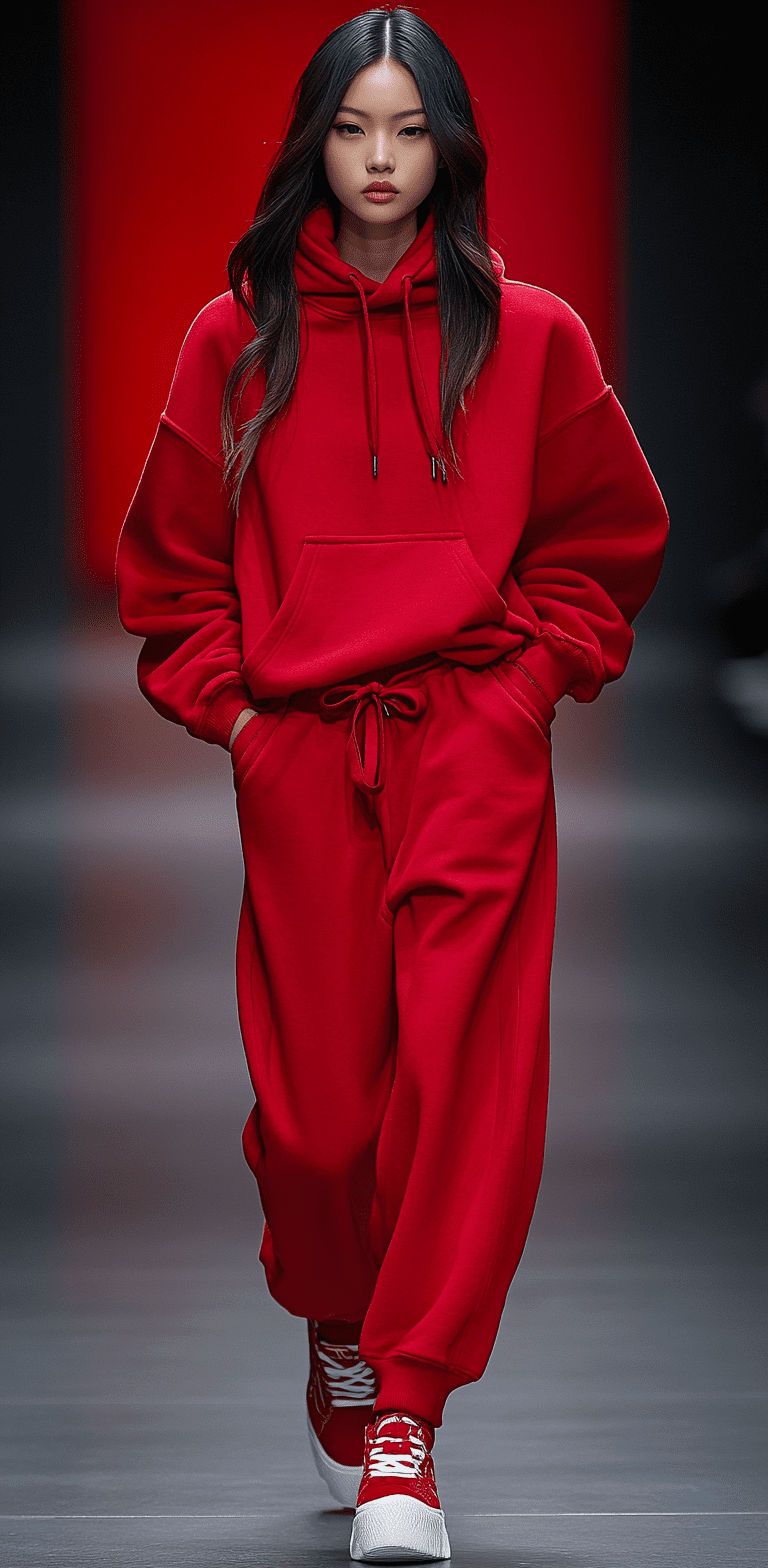 A beautiful female model wearing an oversized red hoodie and sweatpants on the runway of paris fashion week, with a minimalistic design featuring a high neck collar and oversized silhouette with wide leg pants in a red color palette, shot with soft lighting and high-resolution photography in the hyper-realistic, highly detailed style of an artist --ar 63:128 --stylize 750 --v 6. 1