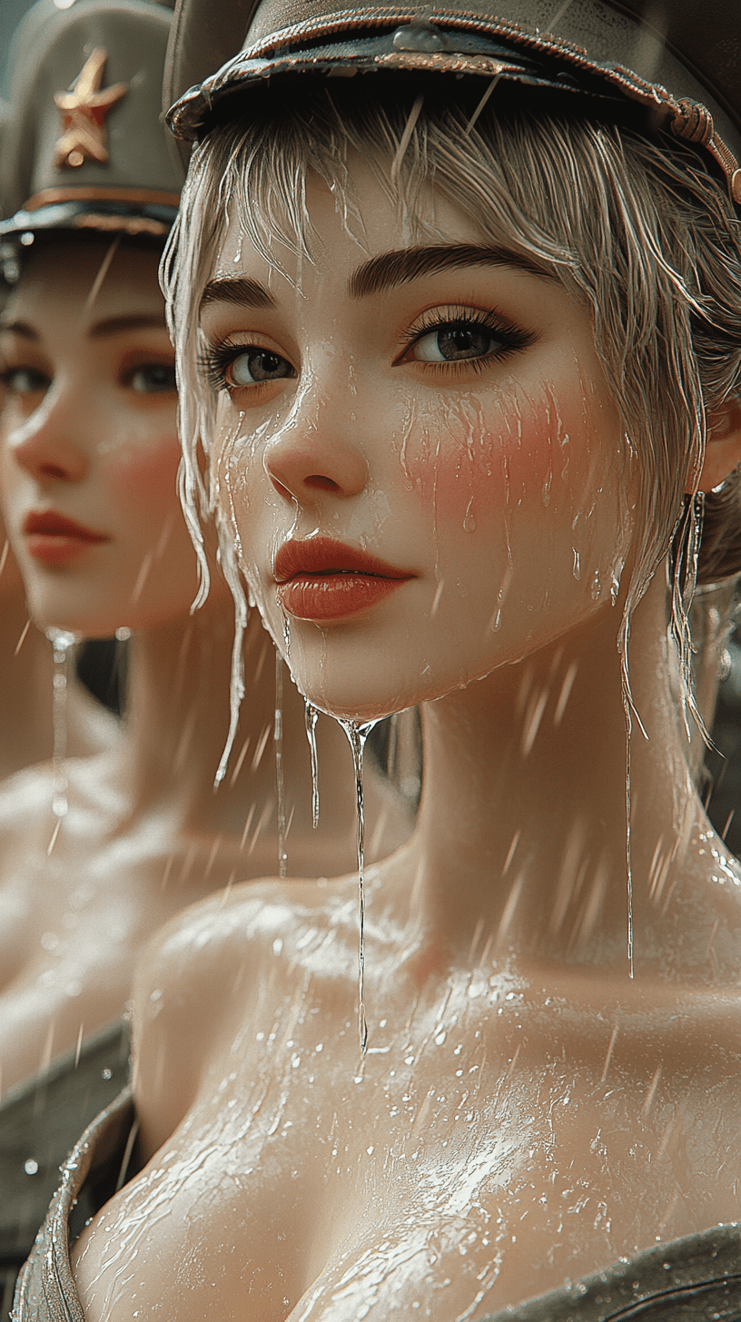 A detailed digital illustration in the style of dimitry roulland, up close, observe several cold white russian women in uniforms with beautiful faces. Rainwater flows down their cheeks as they line up in an outdoor parade ground. This photo was taken while it was raining, with cinematic lighting, ultra clear and detailed facial features. Close up shots have photo quality and high resolution. Facial makeup, healthy lip color, officer hat, , the animation illustration style combines realistic details with a whimsical touch, characteristic of roulland's style --no text --ar 9:16 --style raw --stylize 750 --v 6. 1