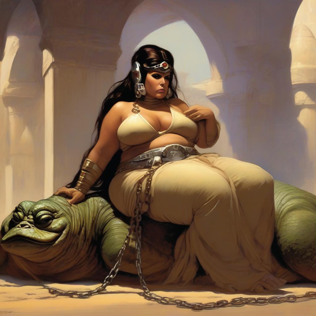 (obese princess leia as a harem slave in chains, 1. 3) of (jabba the hutt, 1. 8) , style of frank frazetta