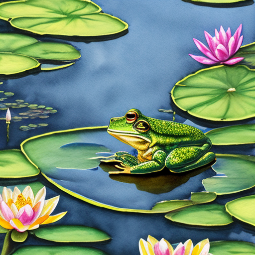 A meditating frog sitting cross-legged on a lily pad, surrounded by vibrant water lilies and delicate dragonflies, tranquil pond reflecting a golden sunset, the scene radiates peace and serenity, evokes a sense of calm and introspection, artwork, watercolor painting with soft brush strokes to enhance the ethereal quality, --ar 16:9 --v 5