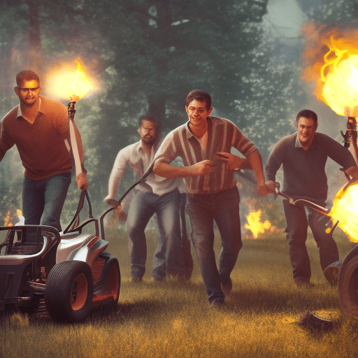 Photo of a group of men riding lawn mowers, holding torches and pitchforks, being led by a pack of rabid dogs, dramatic light, cinematic lighting, battered, low angle, hyper realistic, focused, extreme details, unreal engine 5, cinematic, masterpiece
