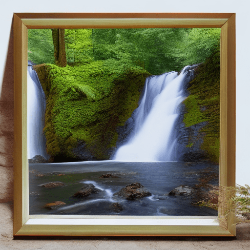 A framed photograph of a beautiful waterfall hanging on a wall, the waterfall exits the photograph, hyperrealism, ultra-detailed, 8k --ar 16:9 --q 2 --s 750