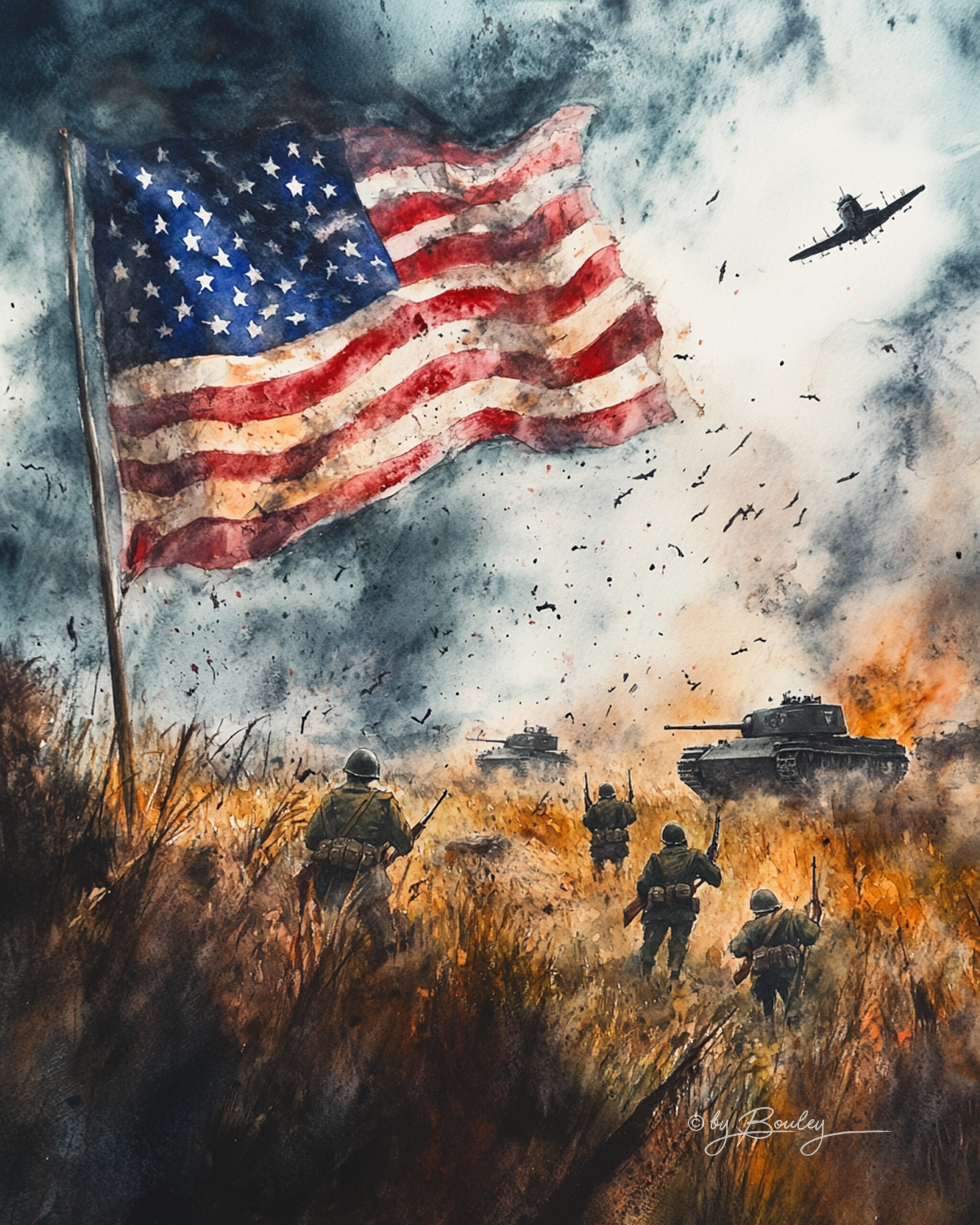 An artistic watercolor of an american flag waving majestically over a chaotic world war ii battlefield, the scene includes vivid details of warfare: soldiers engaged in combat, tanks positioned strategically in the distance, fighter aircraft soar through the sky, adding to the intense atmosphere of the battlefield. --ar 11:14 --style raw --v 6. 1