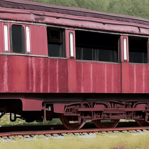 Side view of an old train carriage with rivets, maroon in colour, with two windows, a black roof