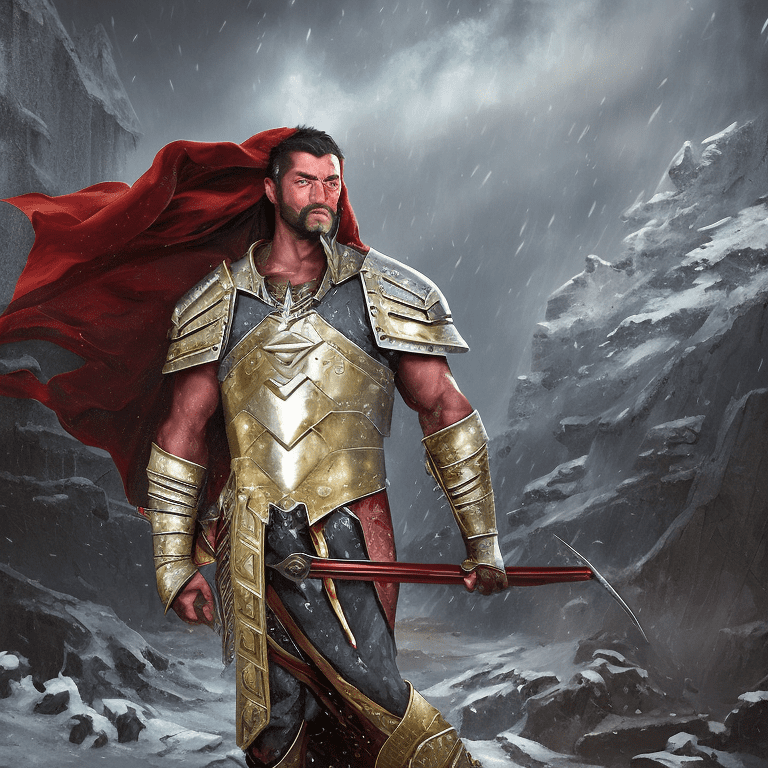 A full body portrait of brutal warrior, metal armor, legendary warrior, torn cloak, no face, ruins, snowing slowly, bloody ground, brutal epic composition, breathtaking, digital painting by eugene de blaas and ross tran, dramatic light, gloomy, dark, mist, calm, elegant, highly detailed, in the style of romanticism, cinematic, greg rutkowski, absurdres, high quality, unforgettable