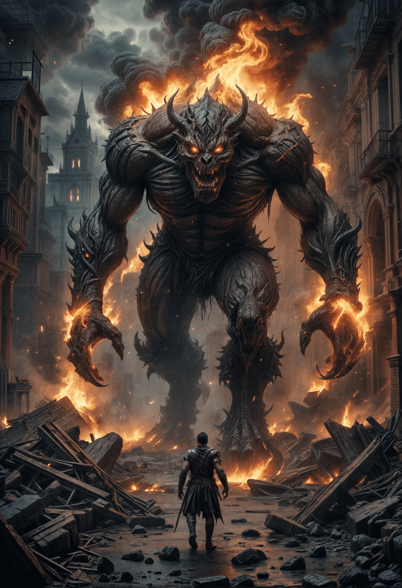 A giant cruely creepy demon destroyed a ancient city , people flee, fire , smoke, destroyed landscape, dynamic light, intricate details, epic scene, mystique