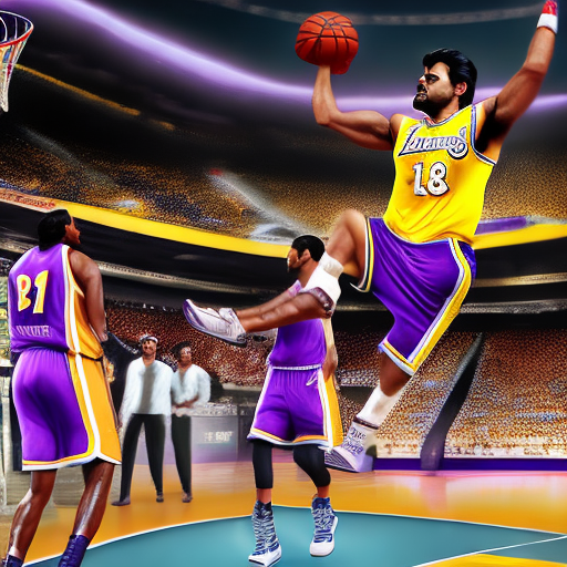 Realistic rrr hero ram charan playing basketball, he is jumping to dunk on the hoop and he is dressed in the lakers uniform, realistic perspective, xbox 360 graphics, surrealistic realism, emotive realism, soggy, eerily realistic --ar 9:16 --stylize 750 --v 6. 0