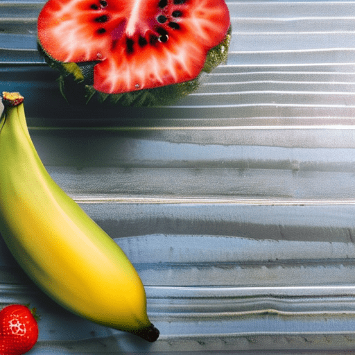 High resolution photography of a banana balancing a strawberry and a halved kiwi fruit on top of the strawberry. Background is blurred with a kitchen made of wood.