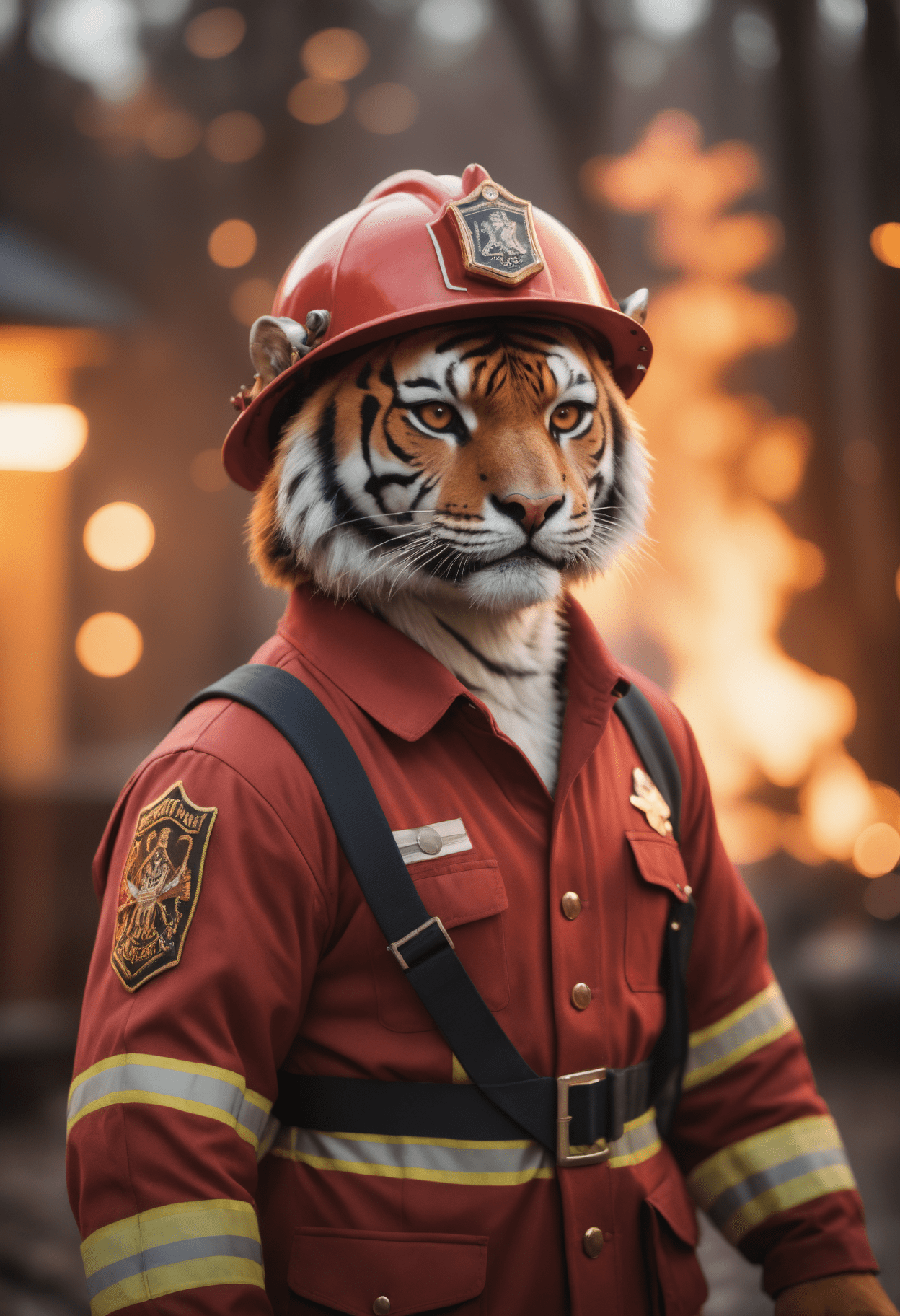 Tiger dressed as a fireman, standing surrounded by fire, helmet 80mm, (cinematic look:1. 5) , (soft light:1. 2) , (bokeh:1. 4) , (red tones:1. 1) , translucent, glow