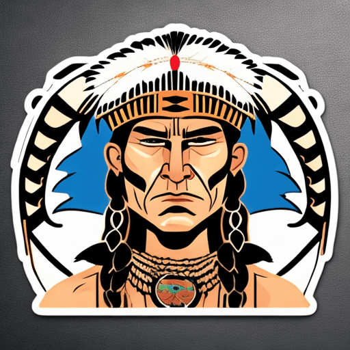 Create a bold, graphic novel-style sticker for an anti-overtourism campaign. The central figure is a fierce and intelligent-looking caucasian person dressed in native american-inspired attire yet with caucasian face. She is portrayed with a sharp, knowing wink. The figure wears a feathered headdress, a bow slung , standing in a confident and assertive pose that exudes pride and defiance. The sticker should have a gritty, street-art-inspired aesthetic with exaggerated facial expressions. Make sure the style is visually striking and easy to recognize. Midjourney parameters: --v 5 --ar 3:4 --style 4b --q 2 --no blur --no pastel