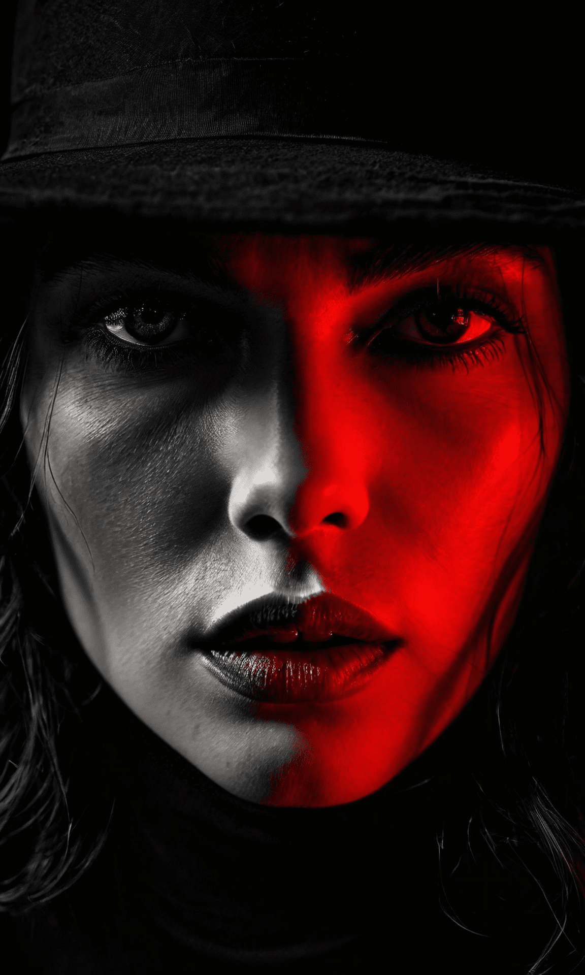 Low key portrait, dramatic lights, photography, a mysterious detective woman, eyes partly concealed by her hat, soft lights, sharp focus, captivating gaze, evocative and enigmatic, stark dark background, a sense of mystery, film noir, striking red lips, red color pop, black and white