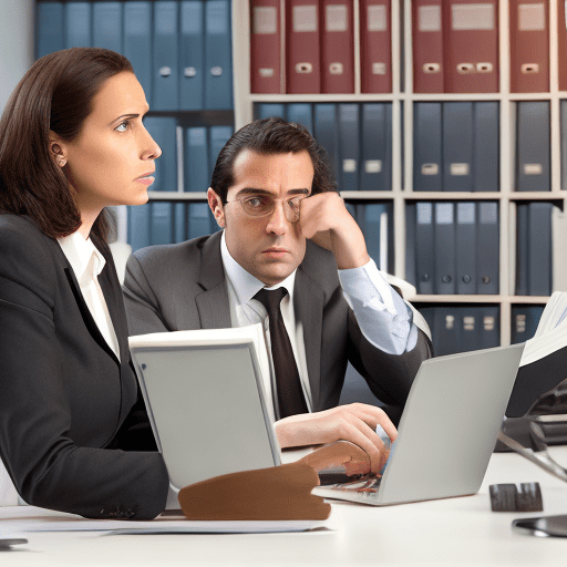 A female lawyer and a male lawyer from argentina, working in their law firm, talking about a case while looking at a laptop. The scene that has good lighting and that transmits confidence and freshness. That people are standing in the office talking and that the image shows more of the office
