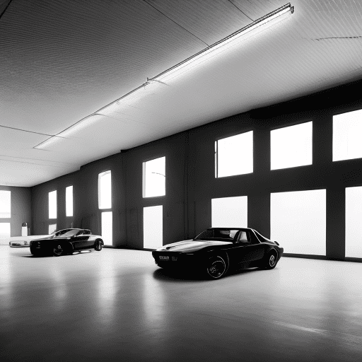 High realism, minimalism, dark large garage, in the soft light in the center there are six beautiful car rims