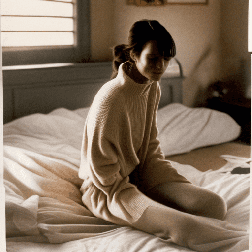 The woman is seated on the bed with her knees pulled up close to her chest. She is barefoot and wearing a long-sleeve, beige, ribbed sweater that falls off one shoulder. Her left hand gently rests on her right knee, while her right hand is brought up to her hair, seemingly running fingers through it. Her brown hair is styled in a voluminous, swept-back look. She gazes directly at the viewer, with a relaxed and gentle expression.