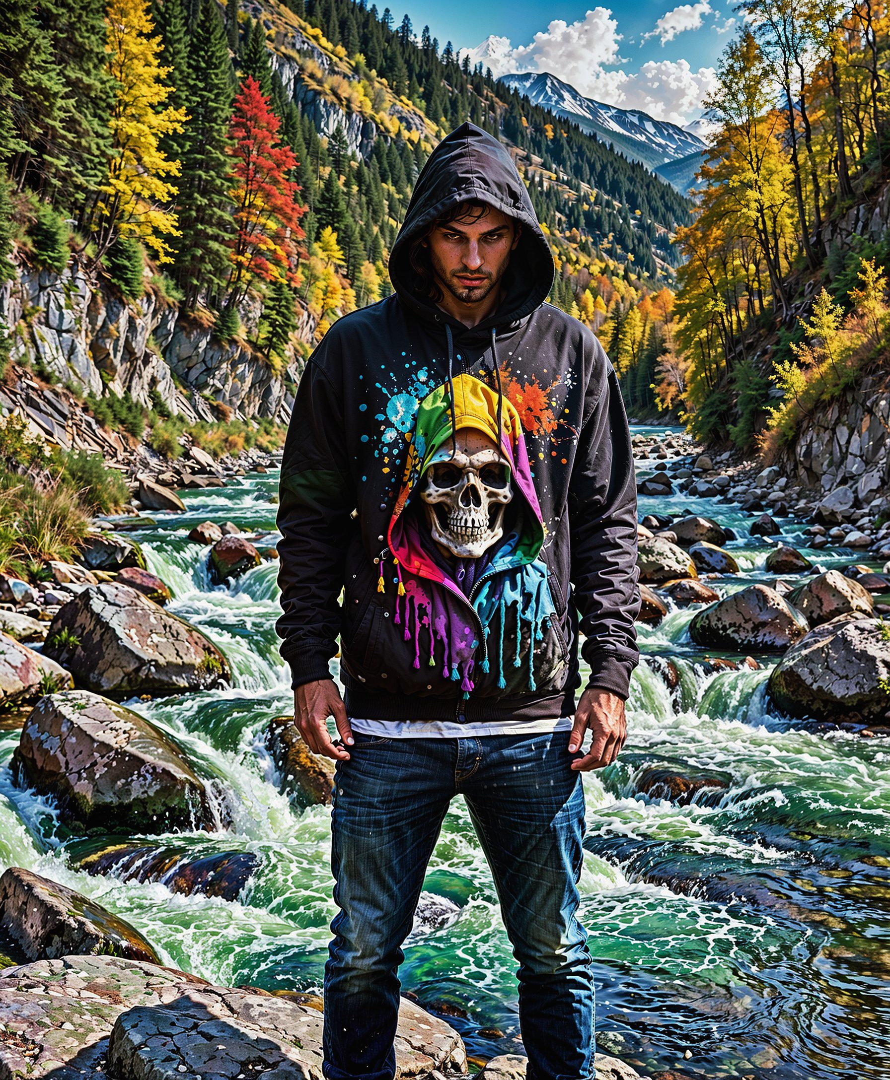 An artwork with a reaper wearing a vibrant rainbow hoodie, standing by a flowing river. Ink splats add an abstract touch to the scene, blending into the surroundings and enhancing the surreal, colorful atmosphere. The design emphasizes dynamic color contrasts and splashes of ink, creating a vivid and striking image. High-quality output is prioritized using parameters set to score_9, score_8_up, and score_7_up, with the addition of lora:ink_splats:1 to enhance the visual effect.