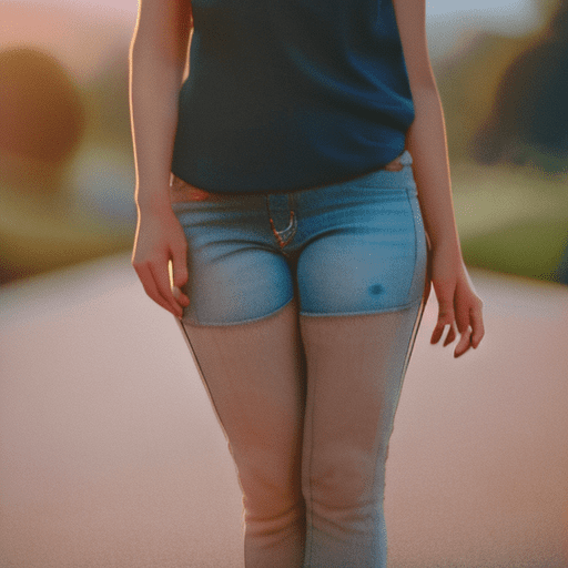 An image of a woman standing outdoors during the golden hour, capturing the warm tones of the setting sun. She should be in a relaxed, three-quarter pose with her body slightly turned to the side, weight on her right leg, and left leg crossed over. Her left hand is on her hip, and her right arm is at her side. She wears a fitted, long-sleeve, orange top with a zipper and tight, dark blue jeans. Her long hair is styled in soft waves. She has a soft, approachable expression and is looking directly at the camera. The background is blurred, hinting at an urban park setting.