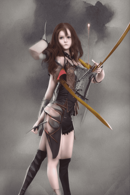 A 3d image super realistic of a young, beautiful vampire girl adventurer with a sword and crossbow. She has long, dark hair and wears a yellow outfit. The background is a dark room with a fireplace. The overall image has soft gradients, gentle color bleeds, and uses pastel colors and opaque colors. Highly detailed 8k quality 3d image super realistic
