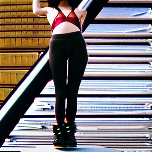 Photo of a slim, small breast, flat chest, abs, young asian female supermodel, with short messy black hair, bauhaus-inspired metallic vest, midriff, geometric cut joggers, balancing on curb like a tightrope , rule of thirds, in the background bauhaus dormitory buildings, lights constructivist-inspired lighthouse beam the model is lighted with soft natural lighting