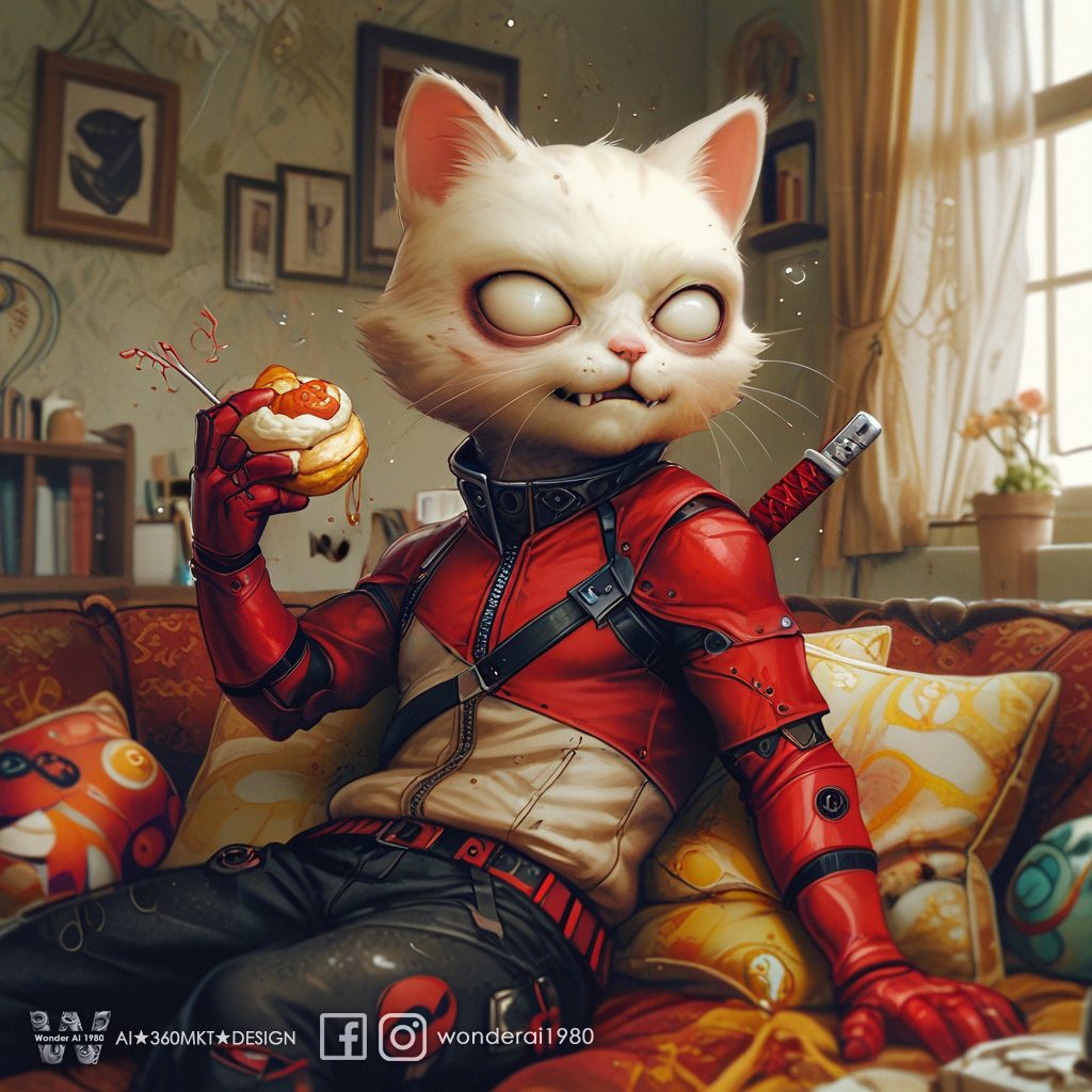 Striking visual tension and dramatic flair, ((an anthropomorphic cream cat) ), expressive, laugh, (dressed as marvel characters deadpool, red and black clothes, white eyes, and two of swords on back) , eating cake on sofa in living room, uhd, 8k, ultra-wide, raytrace