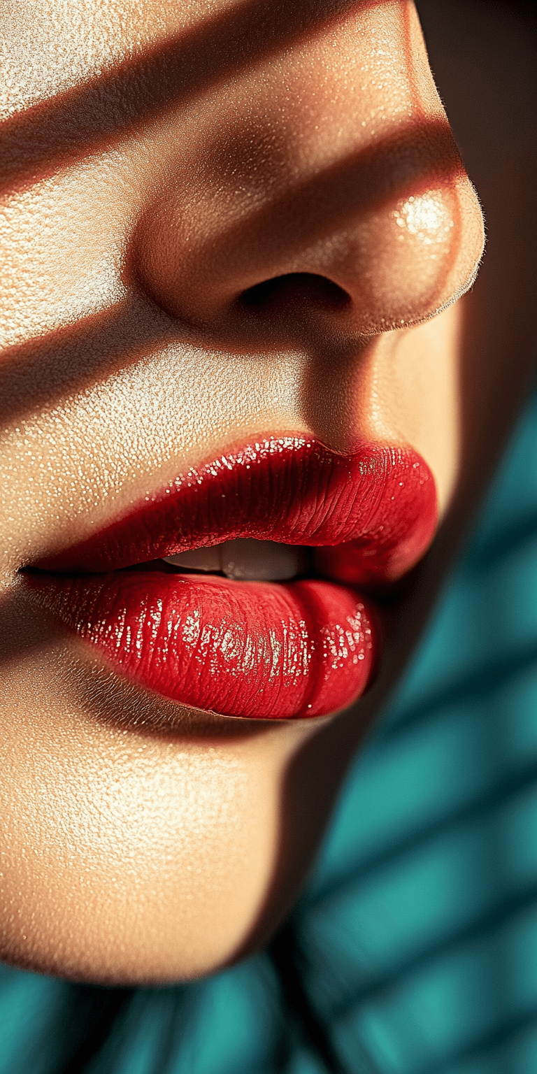 A close-up of the red lips and nose of an elegant woman against a white background, in the style of greg rutkowski. Rendered in dark azure and light gray, hyper-realistic and photo-realistic photography, presented at high resolution from multiple angles in high quality --ar 1:2 --personalize 2gwf1qc --stylize 750 --v 6. 1