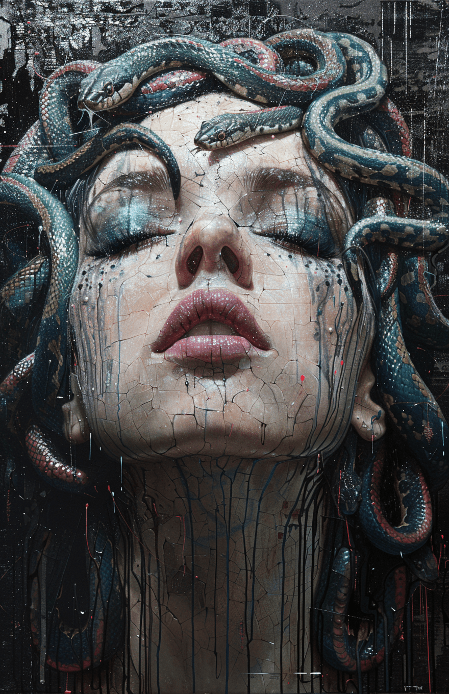Painting of medusa with snakes, in graffiti style on her face, flat perspective, high contrast, dark background, hyper realistic, intricate details. --ar 35:54 --s 750 --v 6. 0 --style raw