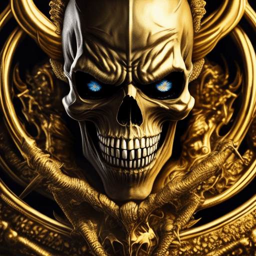 Ultra wide angle, dark epic background, gorgeous lifelike, golden design, skull joker demon, cinematic, insane details, intricate details, hyperdetailed