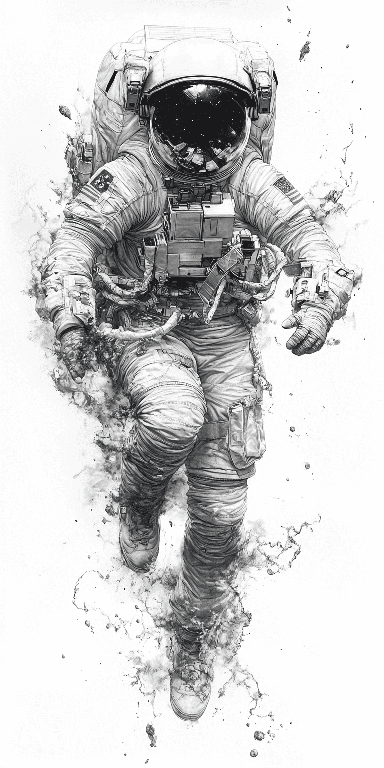 Drawing of a petits female astronaut in full space suit on a space walk, utra-detailed --ar 1:2 --stylize 750 --v 6. 1