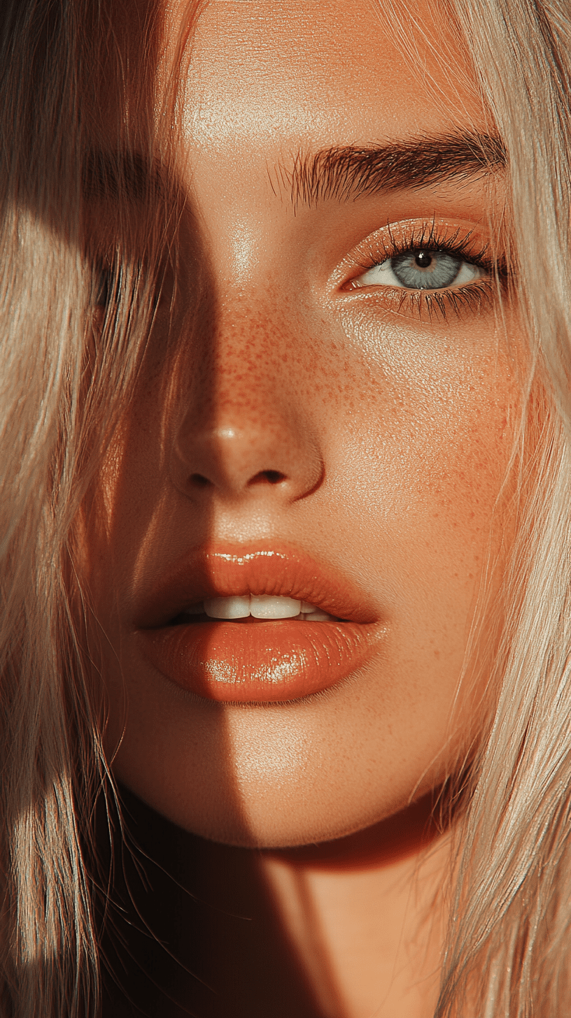 A blonde woman with blue eyes, in the style of natural, timeless beauty, 32k uhd, blink-and-you-miss-it detail, voigtlander bessa r2m, light orange and gray, captivating lighting, shadow accross her face --ar 9:16 --style raw --personalize mizhley --stylize 750 --v 6. 1