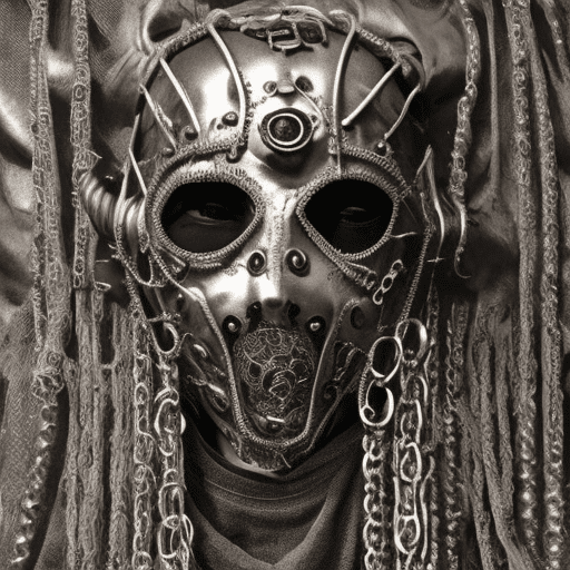 A close up of a person wearing a mask with chains around it, metal mask, kris kuksi, inspired by nicola samori, cover shot, slipknot, moloch, plague mask, full face occult silver mask, ornate mask and fabrics, jesus christ is the doom slayer, masked, new album cover, dorohedoro, but the armor covers her face