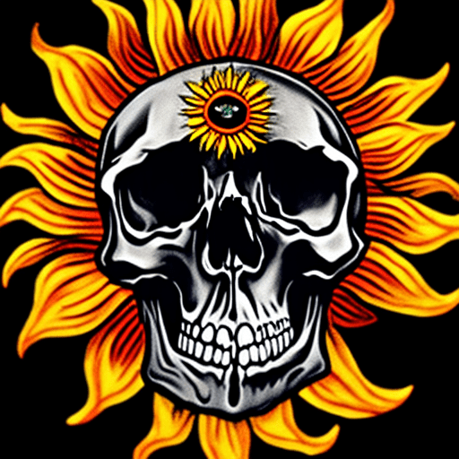 A skull with tousands flowers in eyes, looking the sun in the black sky