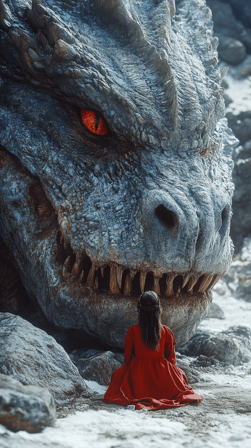 A young girl in a red dress, sitting on the ground next to an enormous dragon with huge teeth and eyes. She is facing it head-on, as if they were friends or good policeman. The scene takes place inside snowy rocks in the mountains. Shot in the style of james cameron for the secret life of woli, 70s movie still. --ar 9:16 --style raw --stylize 300 --v 6. 1